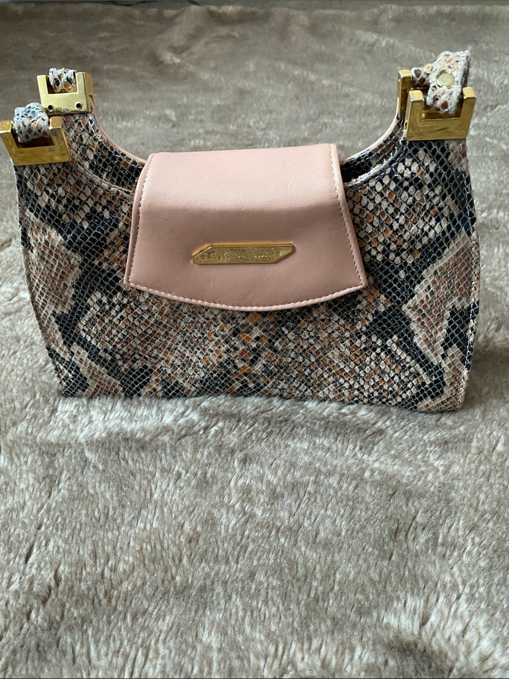Snakeskin-Print Shoulder Bag with Blush Pink Flap and Gold Accents